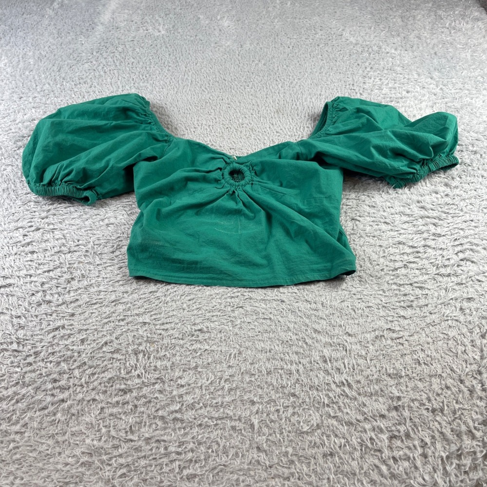 Sim & Sam Womens Green Cotton Puff Sleeve O-Ring Crop Top Smocked Back Small